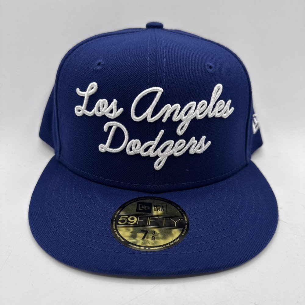 New Era Los Angeles Dodgers 59FIFTY Scripted Spell-out Blue Fitted 7 3/8 Hat Cap